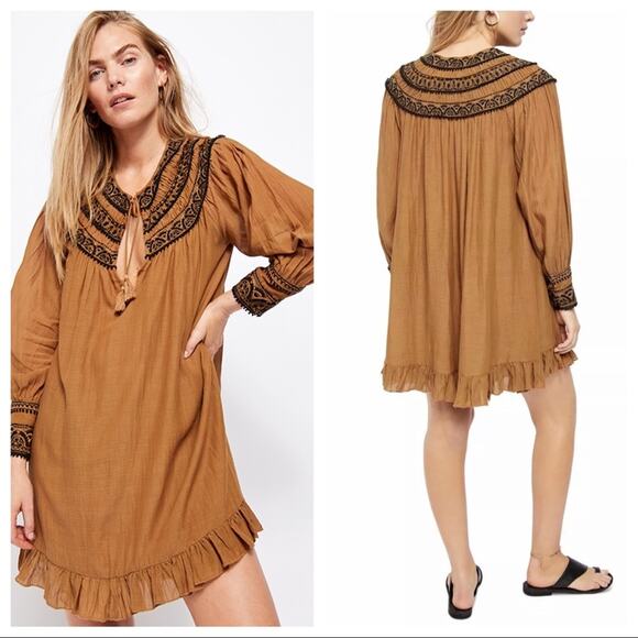 Free People Erin Embroidered Boho Mini Dress Size M NWT Long sleeve In Brown - Picture 2 of 13